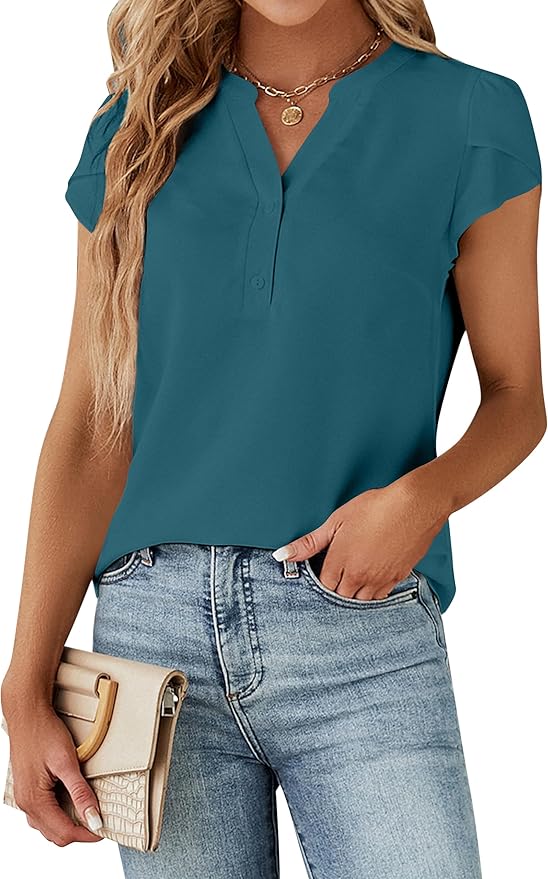 Blooming Jelly Women's Dressy Casual Tops Business Work Blouses White Button Down Shirts Cap Sleeve V Neck Tshirt