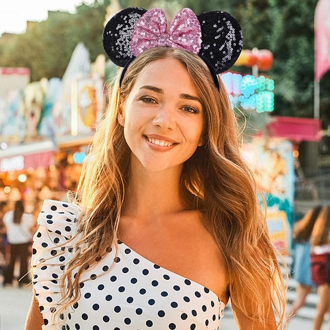 Twineek 2 Pcs Pink Mouse Ears Sequin Headbands,Shiny Bows Headbands, A Perfect Addition to Your Trip Essentials Accessories for Women Grils Princess Decoration Costume Cosplay