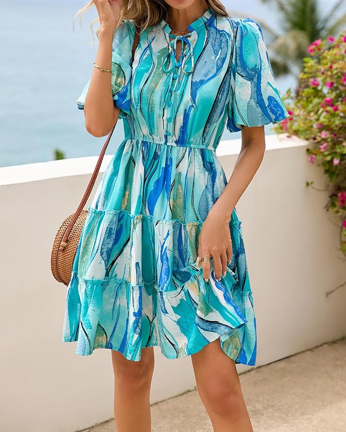 BTFBM Women Summer Floral Short Dresses V Neck Short Sleeve Tiered Ruffle Boho Swing Dress A-Line Mini Dresses