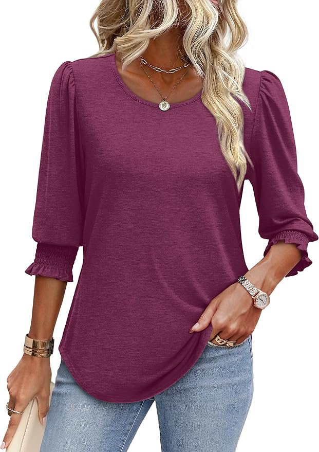 XIEERDUO Blouses for Women Dressy Casual 3/4 Length Sleeve Womens Tops with Smocked Cuffs