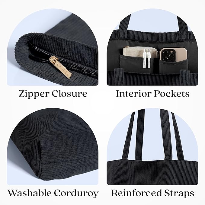 VANDEL Corduroy Tote Bag for Women and Men with Zipper and Inner Pockets. Cute School Tote Bag with Zipper, Aesthetic