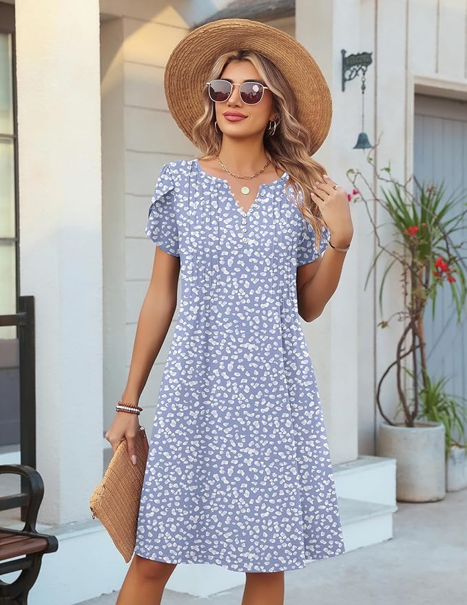 Zeagoo Women's Casual Dresses with Pockets Summer Floral V-Neck A-Line Tshirt Dress Short Sleeve Mini Dress Beach Sundress