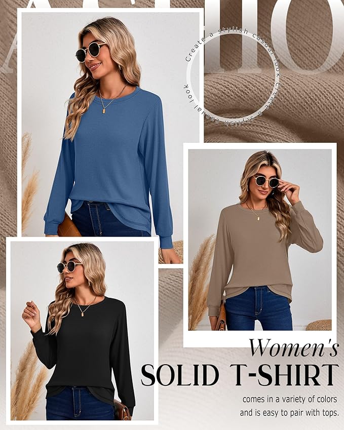 Ficerd 3 Pack Women's Long Sleeve Shirts, Cotton Crew Neck Tunic Tops Casual Loose Fit Pullover Sweatshirts Curved Hem Shirts