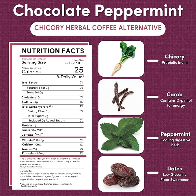 Teeccino Chocolate Mint Chicory Coffee Alternative - Ground Herbal Coffee That’s Prebiotic, Caffeine Free & Acid Free, Light Roast, 11 Ounce (Pack of 3)
