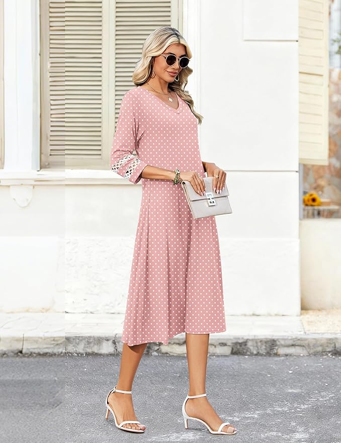 Zeagoo Women's Dresses 3/4 Sleeve Summer Casual V-Neck A Line Flowy Eyelet Midi Dress for Women Beach Vacation Sundress
