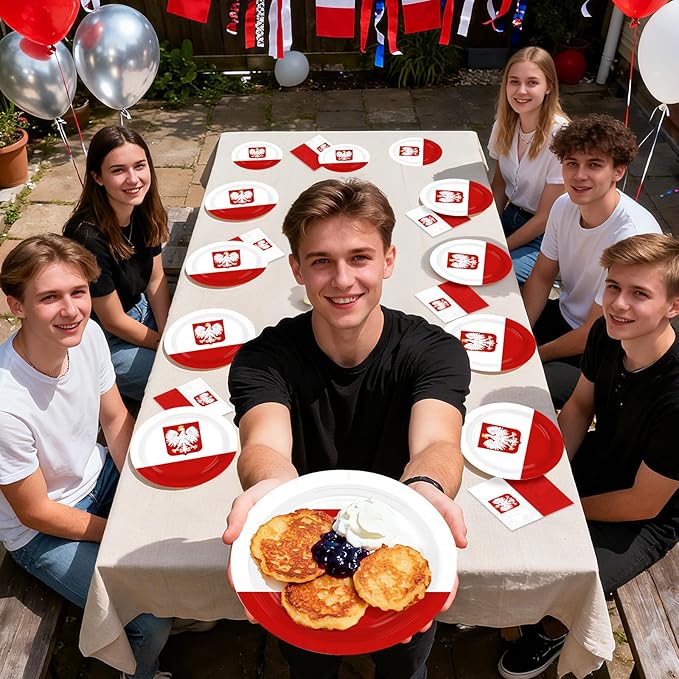 Greencian 96Pcs Poland Flag Party Decorations National Country Decoration Poland National Day Plates and Napkins Tableware Set for Polish Red and White Patriotic Festival Party Supplies，Serves 24