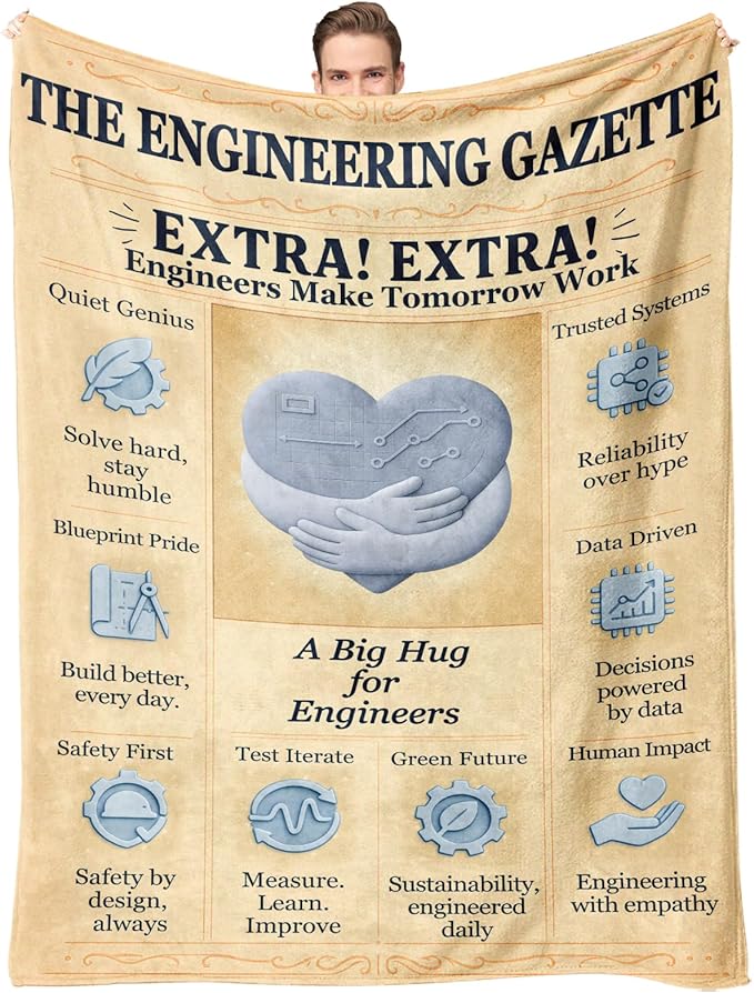 Engineer Appreciation Blanket 60x50, Soft Flannel Throw, Retro Newspaper Blueprint and Circuit Heart Design, Cozy STEM Gift for Graduation, Office or Dorm Decor, Geek Present for Men and Women