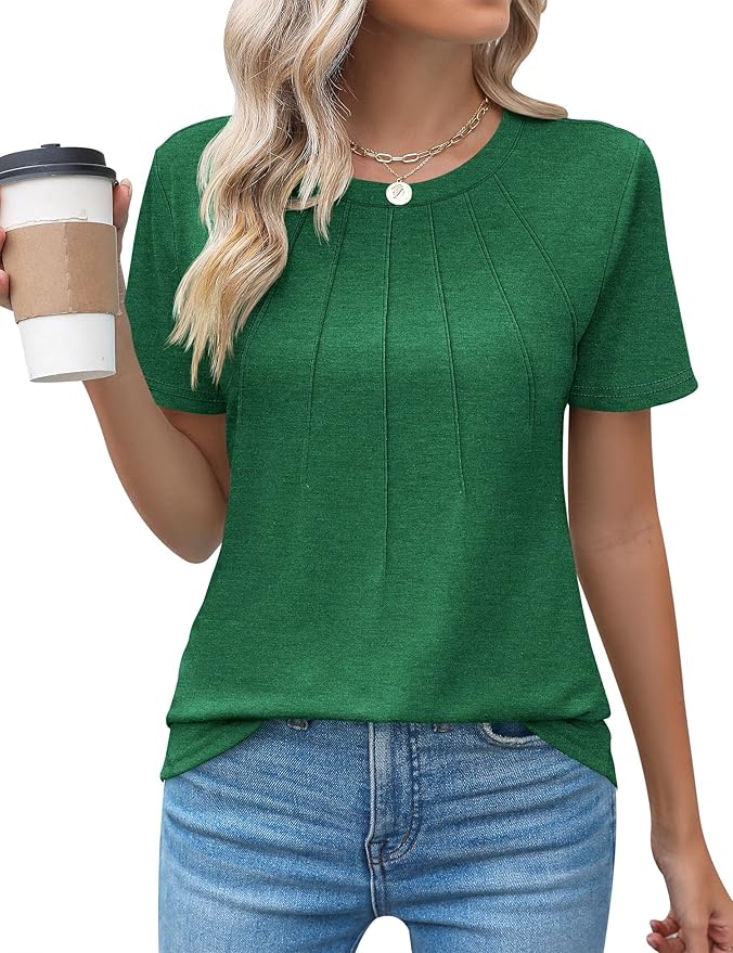 Kistore Womens Casual Crew Neck Short Sleeve Pleated Tops Blouses Fashion Clothes 2026