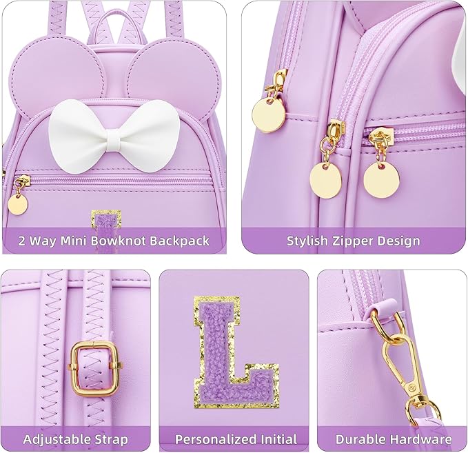 KKXIU Girls Initial Bowknot Cute Mini Backpack for Toddler, Travel Small Girl Backpacks, Personalized Valentine's Day Gifts for Little Girls and Kids(L, Purple)