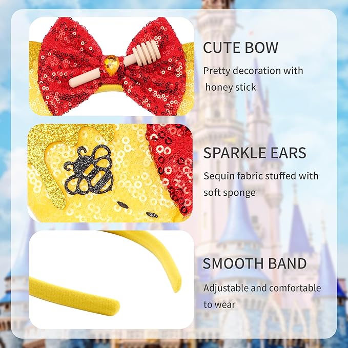 zhezesmila Mouse Ears Headbands 2 Sets Honey Bee Sequin Minn Ears Scrunchies Yellow Bear Ears Hair Accessories for Women Carnival Birthday Party