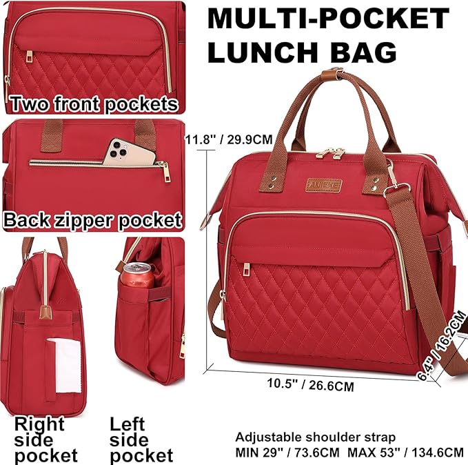 AIJIEKE Lunch Bag for Women, Leakproof & Insulated Work Lunch Box Tote, Reusable Adult Cooler Bag with Water Bottle Side Pocket & Removable Shoulder Strap, Red