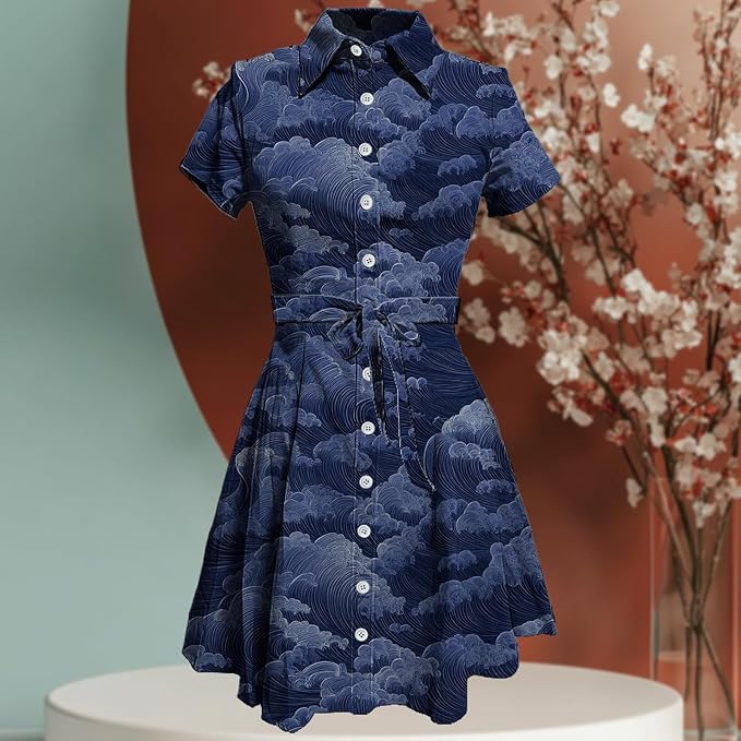 MARSVOVO Japanese Art Shirt Dresses for Women Short Sleeve Ruffle Button Down Tie Waist Trendy Elegant Midi Dress