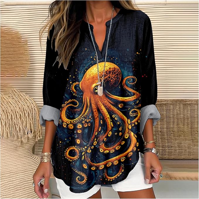 MARSVOVO V Neck Shirt For Women Boho Multi Style Blouse Long Sleeve Novelty Graphic Plus Size Pullover Tops For Women