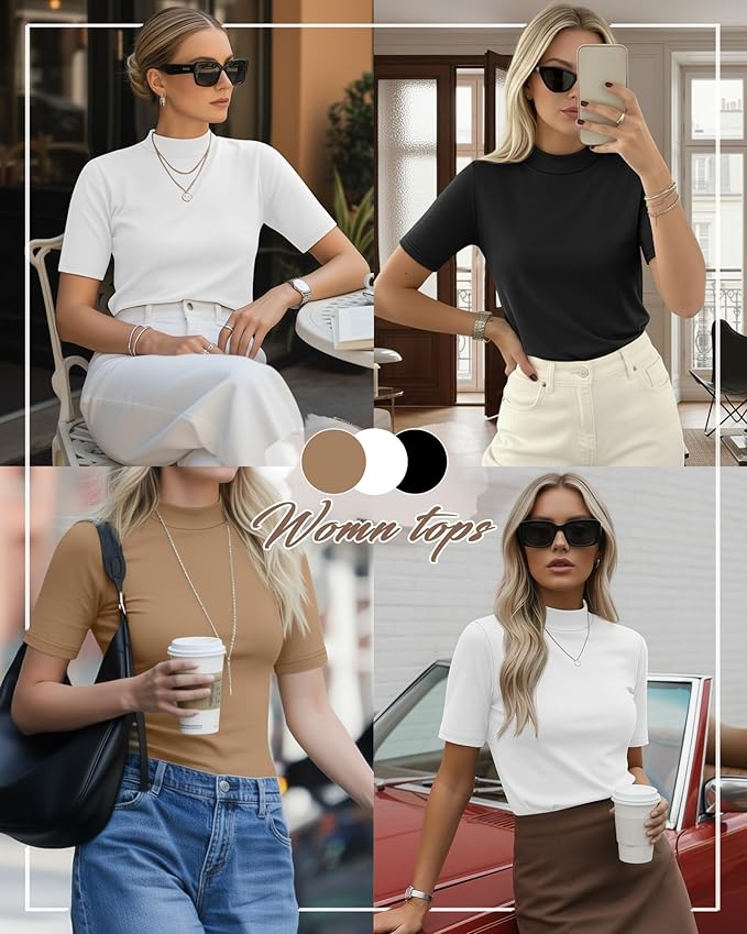 Ficerd 3 Pack Women's 1/2 Sleeve Mock Turtleneck Shirts, Elbow Length Shirt Half Sleeve Tunic Top Casual Summer Basic Tees