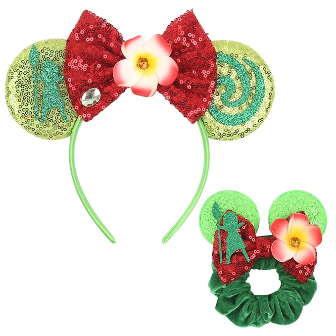 zhezesmila Mouse Ears Headband Princess Sequin Ears Headband Party Costume Hair Accessories with Glitter Green Bow Headwear Decoration for Women