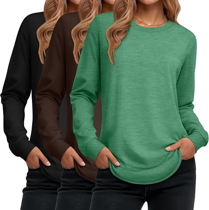 Ficerd 3 Pack Women's Long Sleeve Shirts, Cotton Crew Neck Tunic Tops Casual Loose Fit Pullover Sweatshirts Curved Hem Shirts
