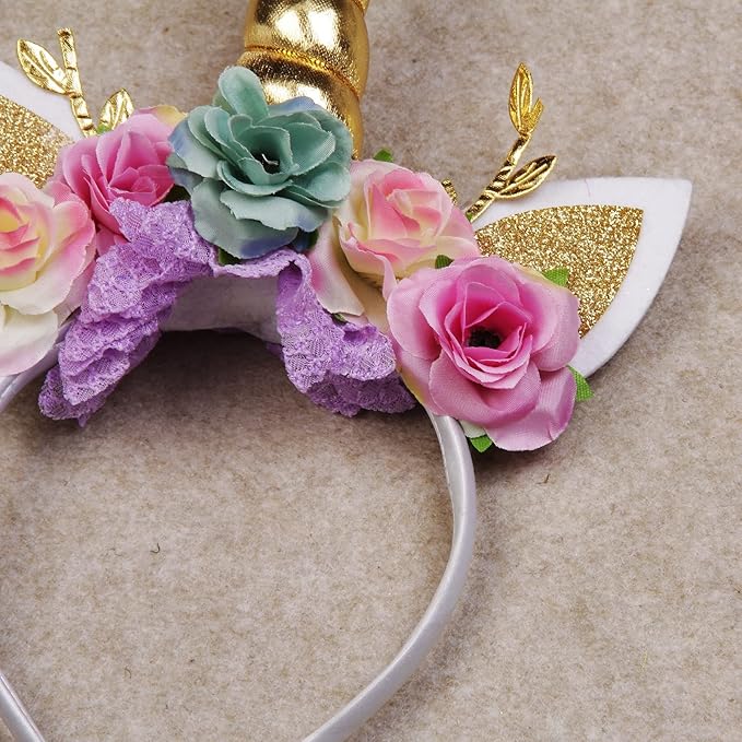 Nishine Unicorn Horn Floral Headband Glitter Ears Pony Head Bands Tiara for Girls Party Birthday Cosplay