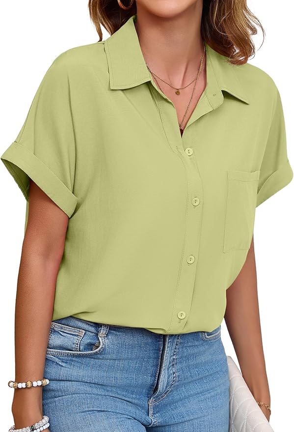 Womens Button Down Shirt Casual Short Sleeve Collared Work Blouse with Pocket