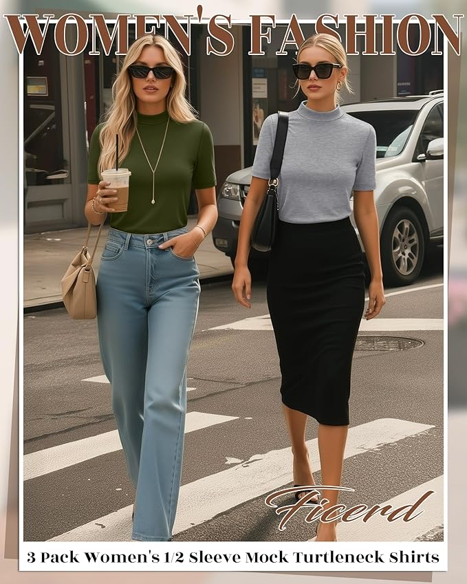 Ficerd 3 Pack Women's 1/2 Sleeve Mock Turtleneck Shirts, Elbow Length Shirt Half Sleeve Tunic Top Casual Summer Basic Tees
