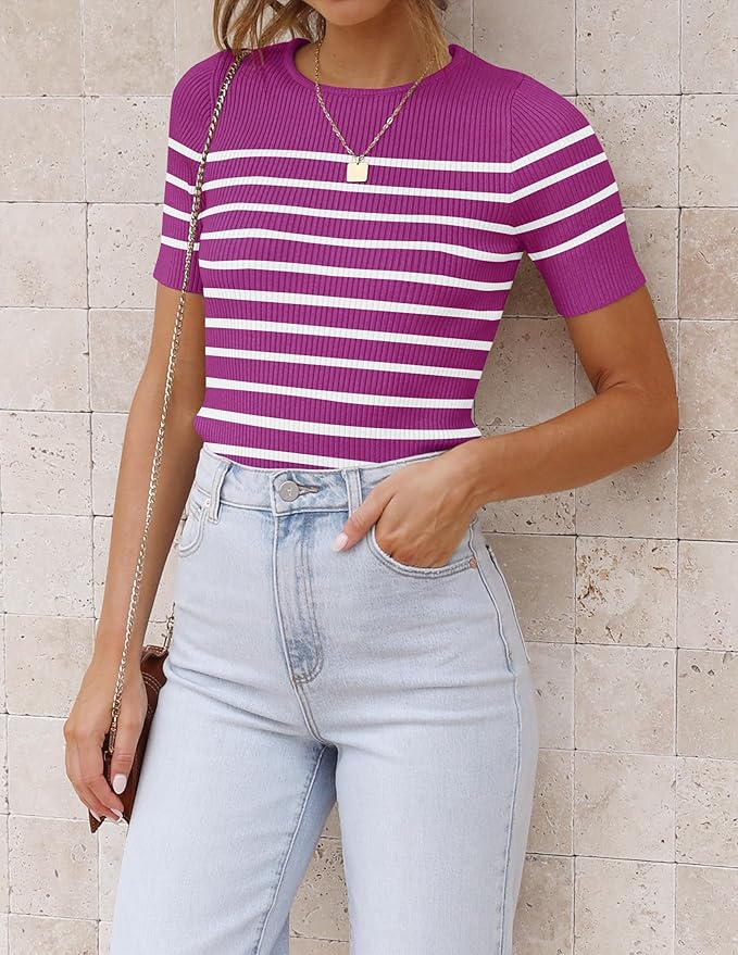 ZESICA Women's Short Sleeve Crewneck Striped T Shirt 2026 Summer Ribbed Knit Slim Fit Casual Basic Tee Tops