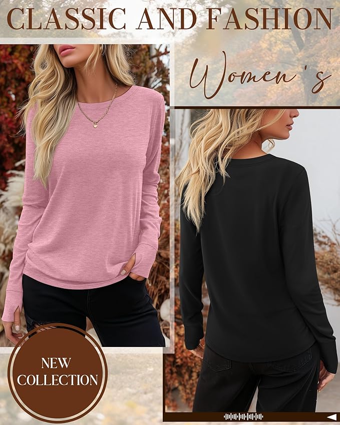Huukeay 3 Pack Women's Long Sleeve Shirts with Thumb Holes, Cotton Casual Crew Neck Tunic Tops Fall Loose Y2k Trendy Outfits