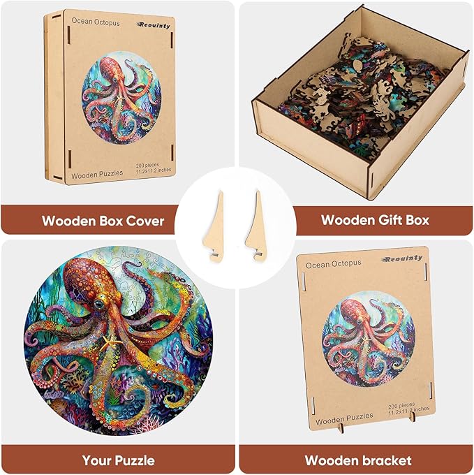 Reouinty Wooden Puzzle for Adults 500 Piece, Octopus Ocean Jigsaw Puzzles, Unique Shape Animal Adult Puzzles, Wall Decor, Wood Gift for Adults and Kids Family Game 15.6x15.6 in