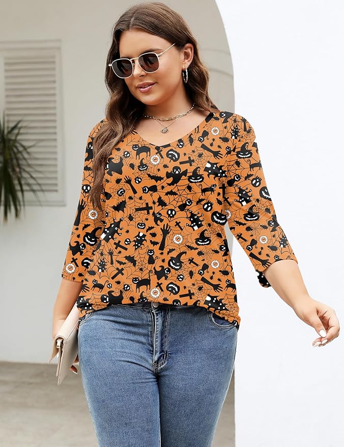 TFSDOD Womens Plus Size Tops V Neck T Shirts 3/4 Sleeve Blouse Summer Casual Tees XL-5X