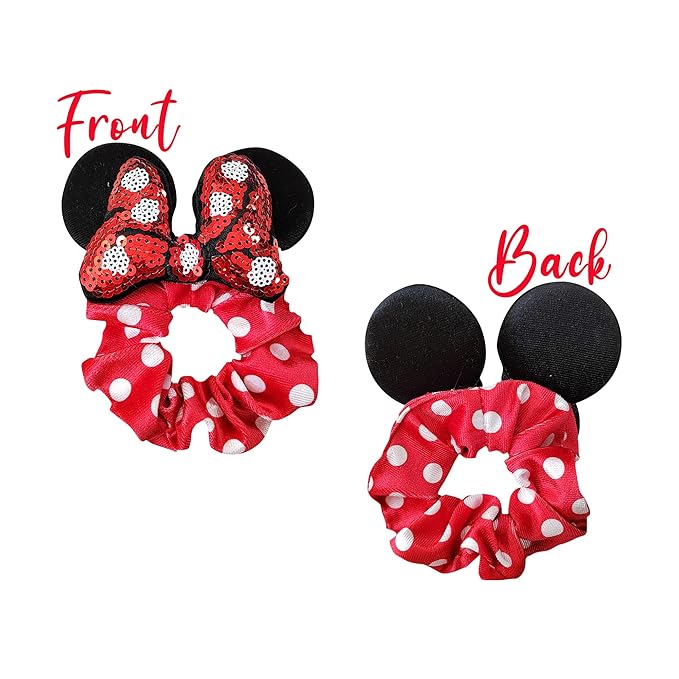 Styla Hair 2pk Mouse Ears Scrunchies, Velvet Hair Bow Scrunchies for Women - Sparkle Sequins Mouse Hair Bands for Pony Tail, Pink Red