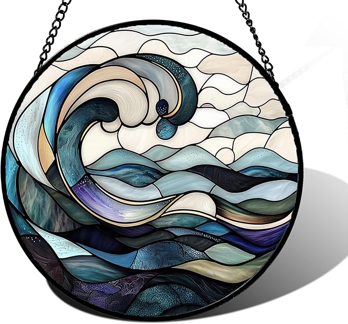 Stained Glass Window Hanging, Ocean Waves Sun Catchers Diamond Glass Panel Hangings Abstract Suncatcher Decor for Birthday for Women, Men, Wife, Aunt, and Mom 7.8 in