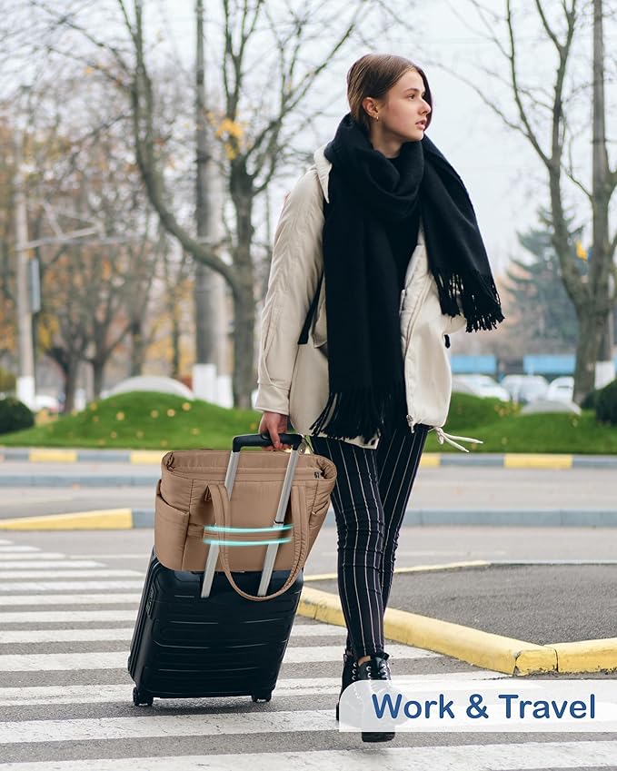 TOPDesign Puffy Tote Bag for Women with Cup Holder & Laptop Compartment & Cosmetic Bag & Trolley Sleeve for Work, Travel