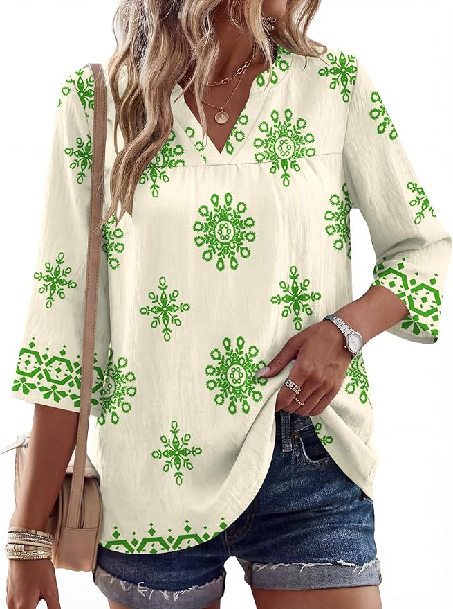 Rapbin Womens 3/4 Sleeve V Neck Floral Print Pleated Blouses for Women Dressy Casual Loose Fit Tops