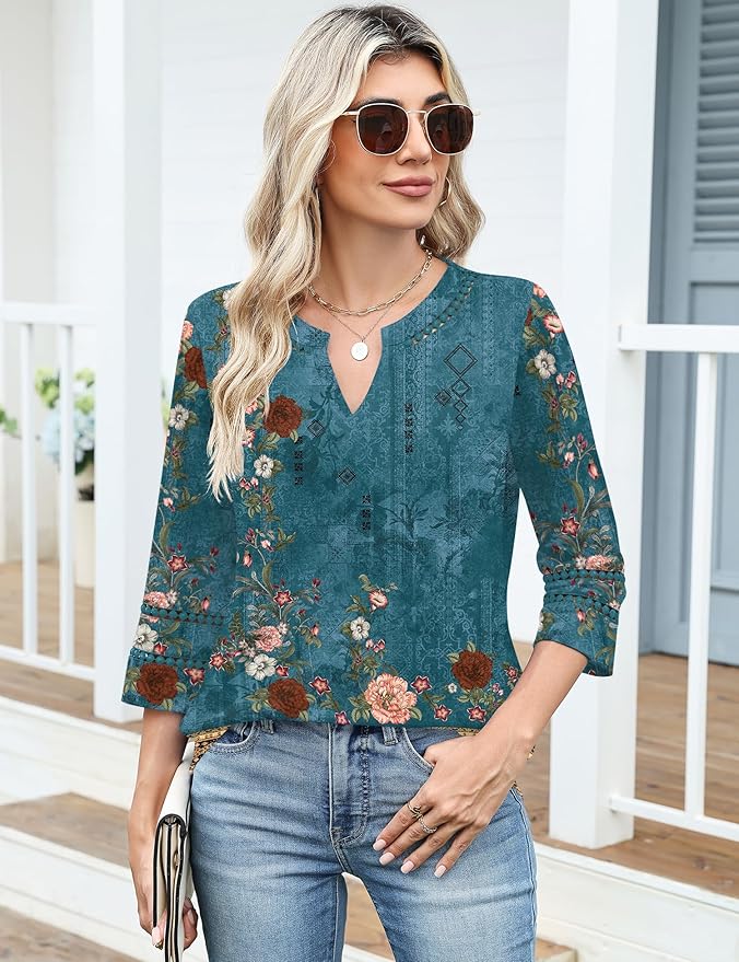 Ivicoer 3/4 Length Sleeve Womens Tops V Neck Lace Embroidered Summer Blouses Loose Fit Tunic Dressy Casual