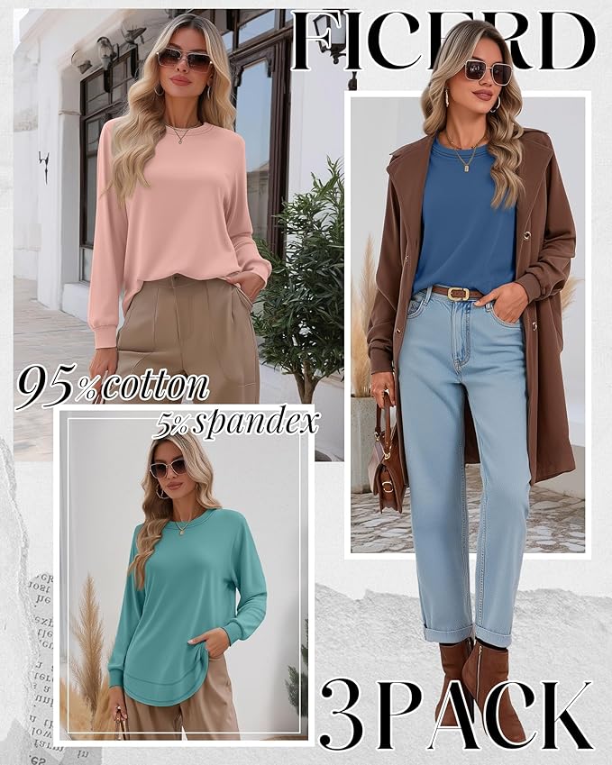 Ficerd 3 Pack Women's Long Sleeve Shirts, Cotton Crew Neck Tunic Tops Casual Loose Fit Pullover Sweatshirts Curved Hem Shirts