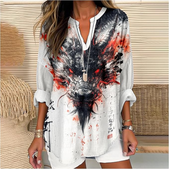 MARSVOVO V Neck Shirt For Women Boho Multi Style Blouse Long Sleeve Novelty Graphic Plus Size Pullover Tops For Women