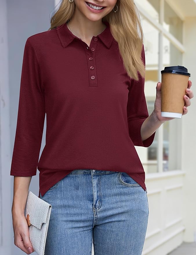 YUCOLEN Polo Shirts for Women 3/4 Sleeve Tops Golf Tees 5-Button Collared Cotton Shirt Business Casual