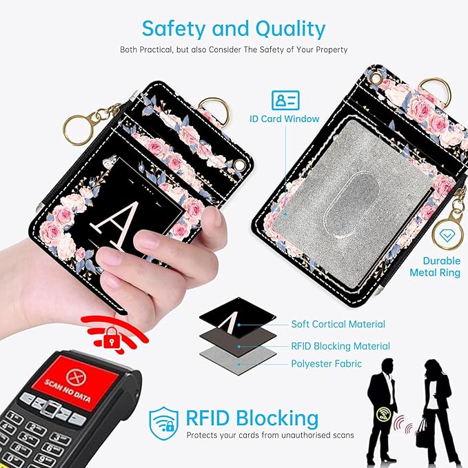 A-Z Letter 2-in-1 ID Badge Holder & Lanyard Wallet for Teachers,Nurse,Professionals-Cute Zippered Coin Pouch,Removable Wristlet & Neck Lanyard,5 Card Slots Stylish Work Essential A