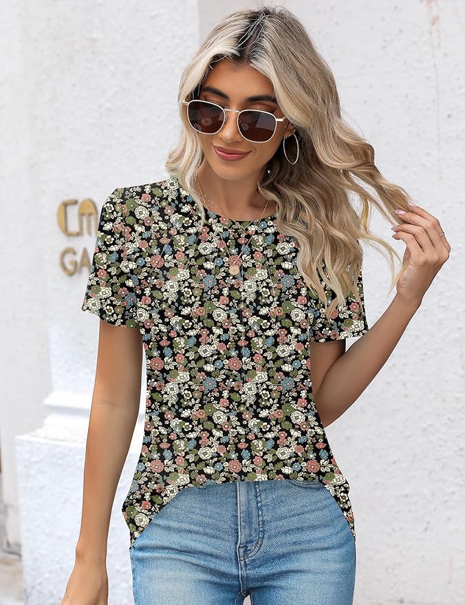 Kistore Womens Casual Crew Neck Short Sleeve Pleated Tops Blouses Fashion Clothes 2026