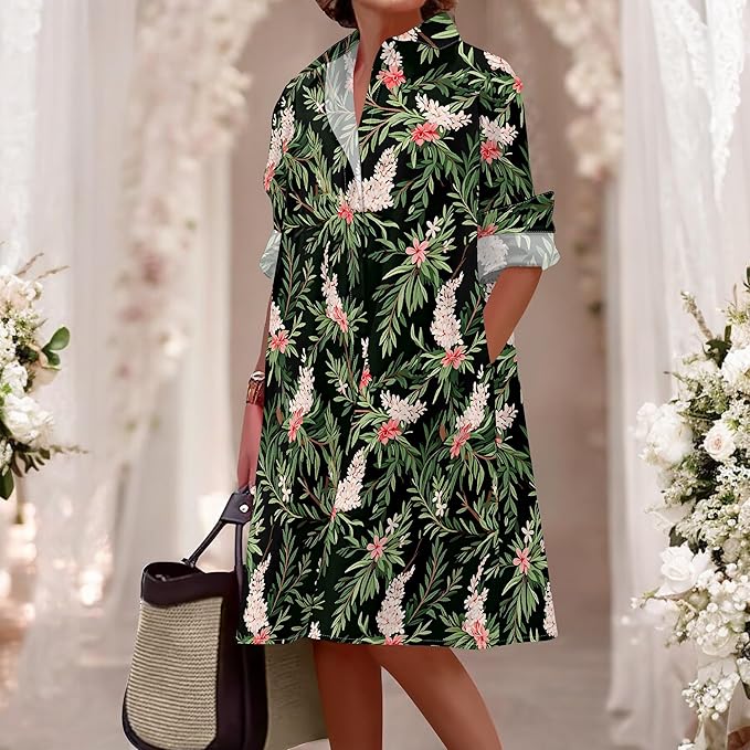Shirt Dresses for Women 2025 Summer Long Sleeve Casual Plus Size Floral Printed Beach Vacation Dress with Pockets
