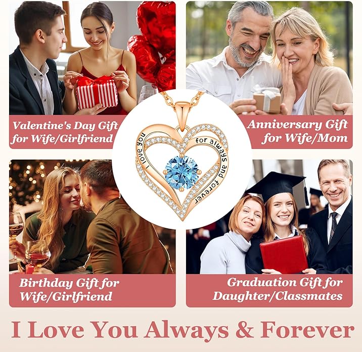 CDE Valentine's Day Gift Forever Love Heart Necklaces for Women, Wedding Anniversary, Birthday Mothers Christmas Day Gifts for Mom, Mother, Wife, S925 Silver Jewelry with Birthstone Pendant