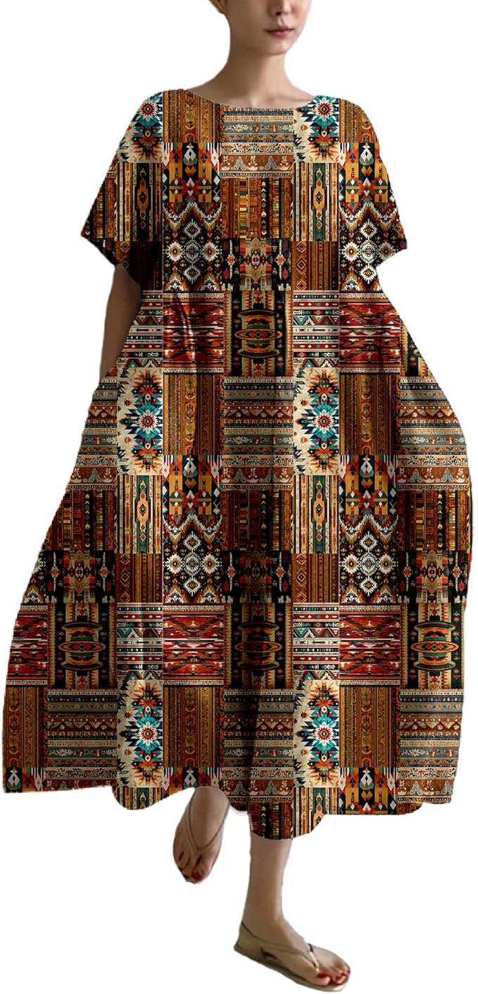 MARSVOVO Patchwork Flowy Dresses for Women Plus Size Loose Casual Tunic Dress Elegant Crewneck Maxi Dresses with Pockets