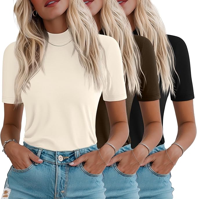 Ficerd 3 Pack Women's 1/2 Sleeve Mock Turtleneck Shirts, Elbow Length Shirt Half Sleeve Tunic Top Casual Summer Basic Tees