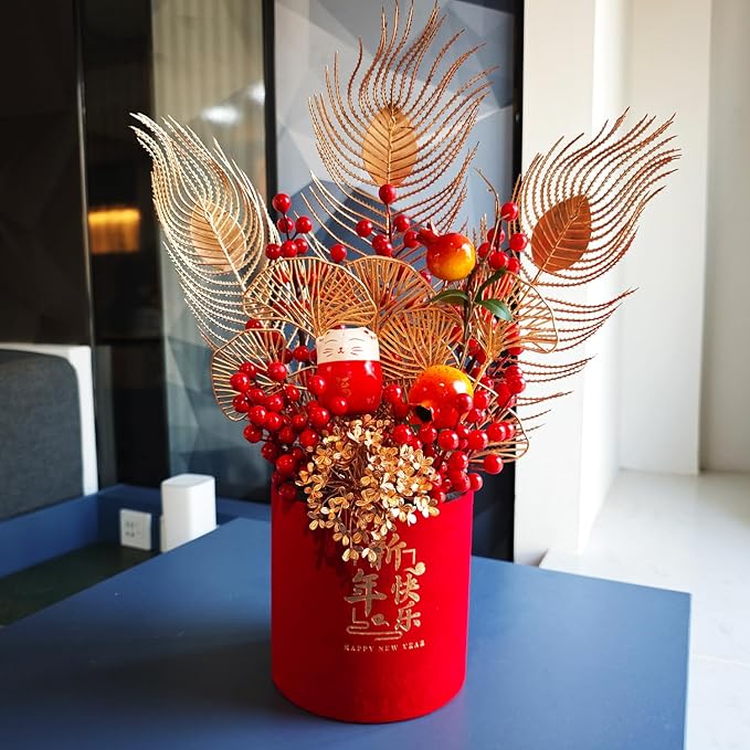LOONELO Chinese New Year Artificial Flower Fu Bucket, 2025 Spring Festival Table Centerpiece Ornament Pot Desktop Decorations for Asian Vietnamese Korea Zodiac Snake Lunar New Year Home Office Store
