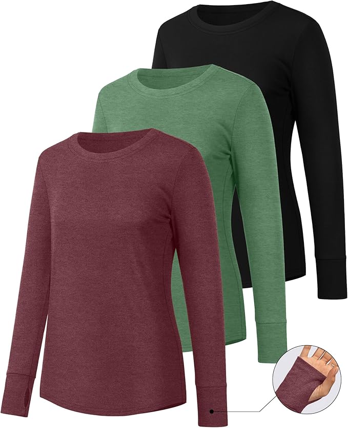 Huukeay 3 Pack Women's Long Sleeve Shirts with Thumb Holes, Cotton Casual Crew Neck Tunic Tops Fall Loose Y2k Trendy Outfits
