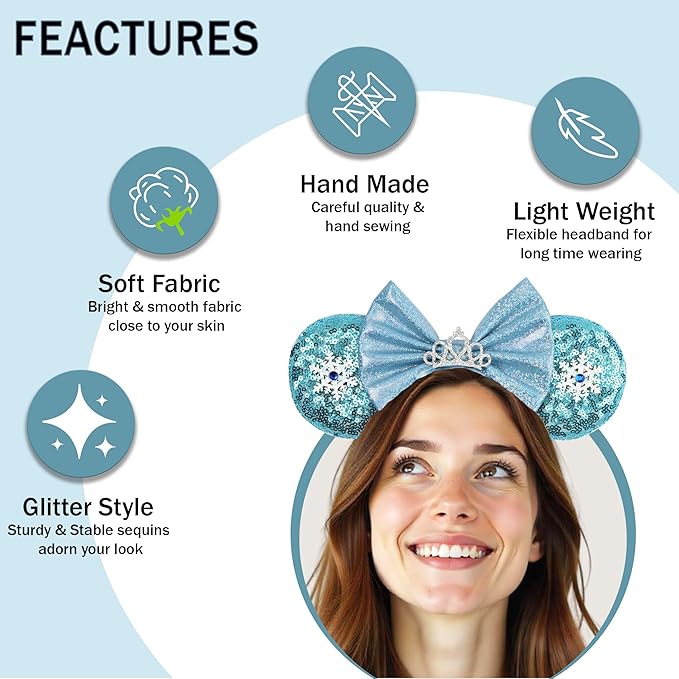 zhezesmila Shiny Mouse Ears for Women Headband Frozen Snow Princess Ears Costume Hair Accessories for Party Theme Park