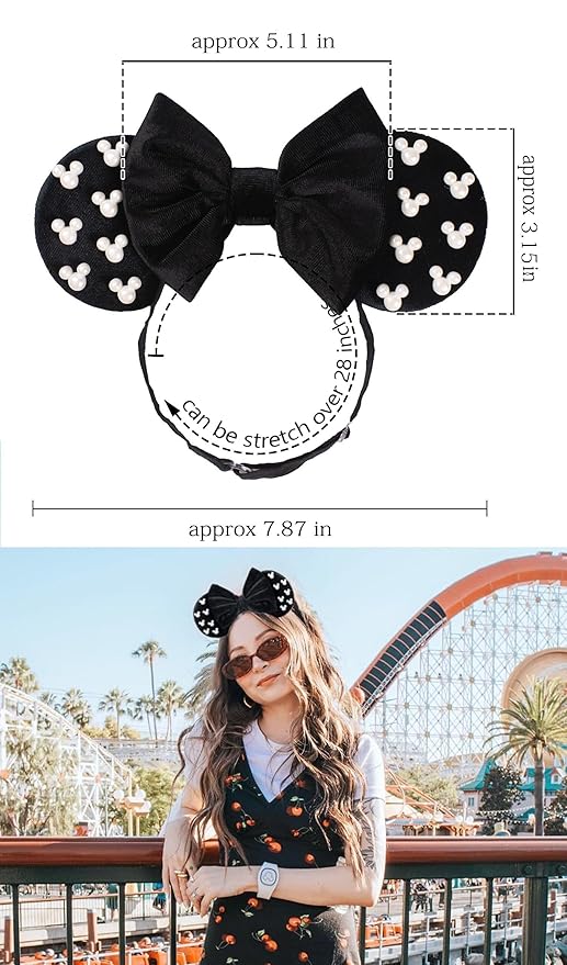 WW-WONDERFULWORLD Mouse Ears Headband with Velvet Bow and Pearl Accents, Black, Adjustable Elastic Hair Band - Headache-Free, Cosplay Costume Headwear for Minnie Party Supplies, Classic; FD1BK
