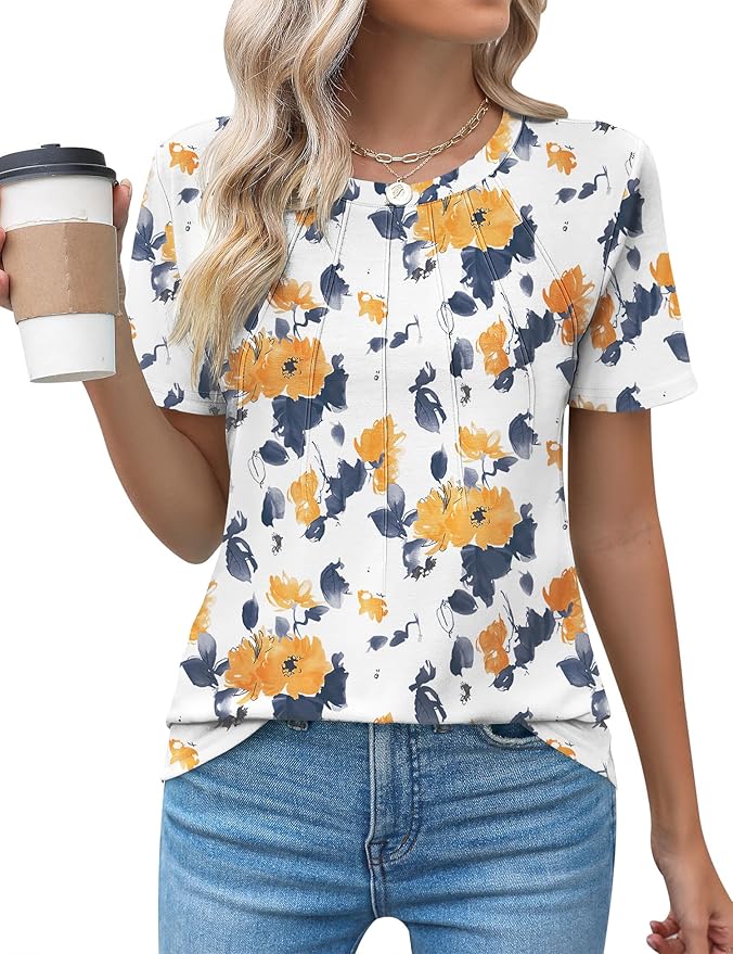 Kistore Womens Casual Crew Neck Short Sleeve Pleated Tops Blouses Fashion Clothes 2026
