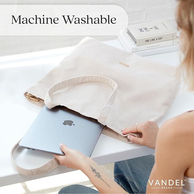VANDEL Corduroy Tote Bag for Women and Men with Zipper and Inner Pockets. Cute School Tote Bag with Zipper, Aesthetic