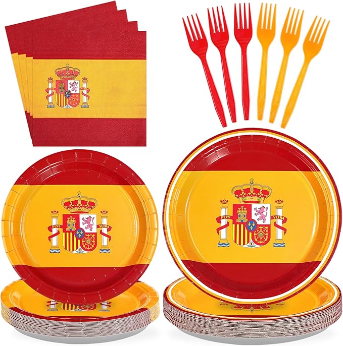 Greencian 96 Pcs Spain Flag Party Decorations Disposable Spanish Flag Paper Plates and Napkins Spanish National Day Tableware Set for Country Decoration Patriotic Festival Party Supplies, Serves 24