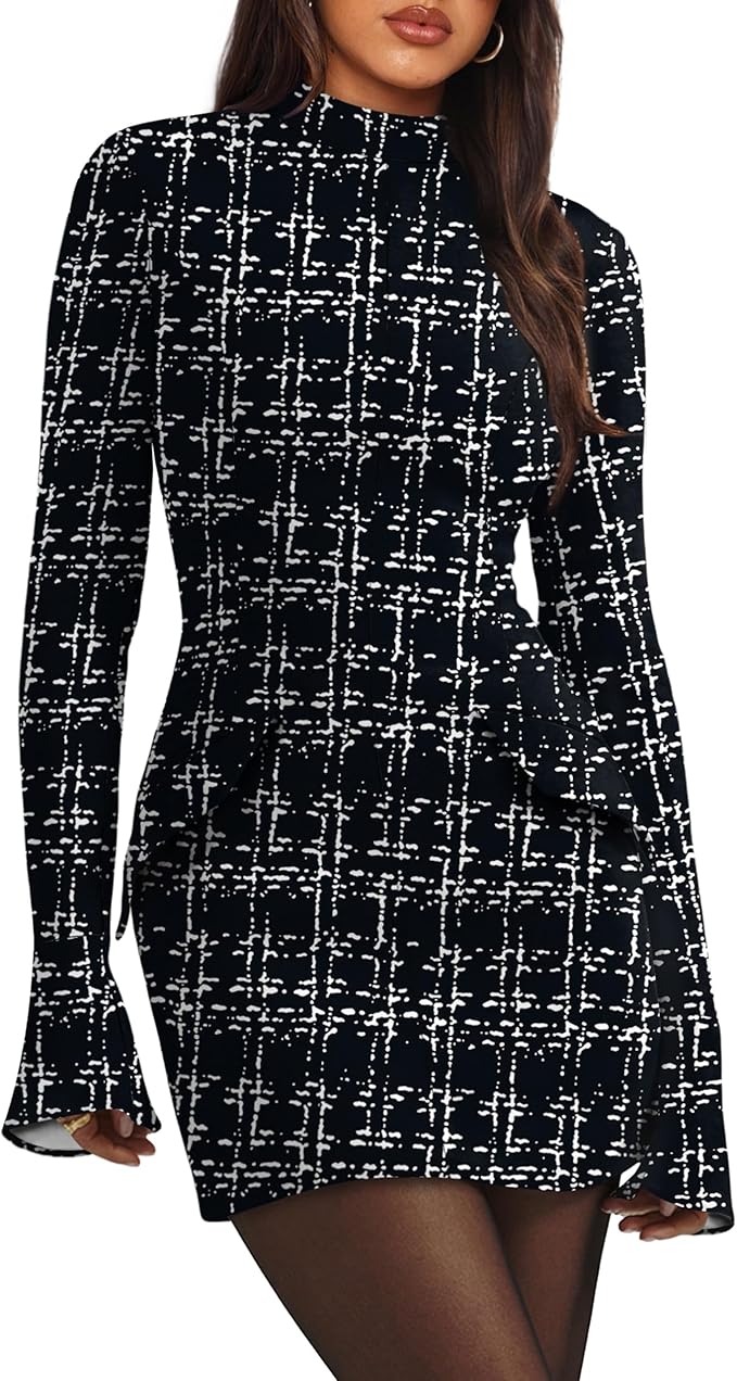 OFEEFAN Women's Fall Long Sleeve Mock Neck Dress Basic Party Club Bodycon Mini Dresses