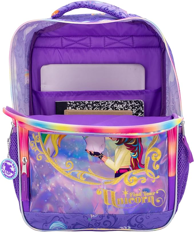 AI ACCESSORY INNOVATIONS Unicorn Academy 16” Backpack with Rainbow Hair Extension, School Bag for Girls Featuring Sophia & Wildstar, Purple